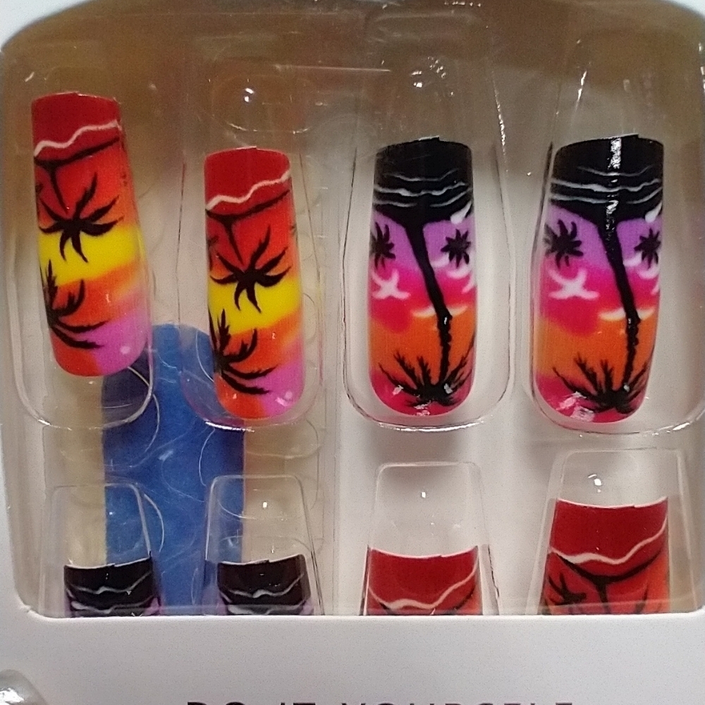 Press on nails palm tree beach sunset art nail set red yellow purple